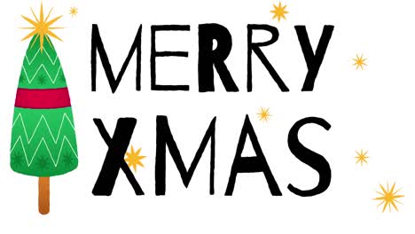Animation-of-merry-xmas-text-with-christmas-tree-on-white-background