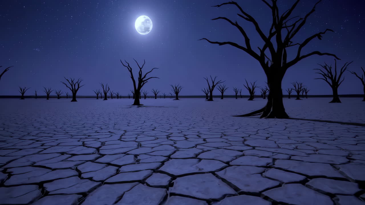 Luna piena su un deserto desolato e screpolato con alberi morti
