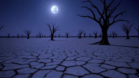 full moon over a desolate, cracked desert with dead trees