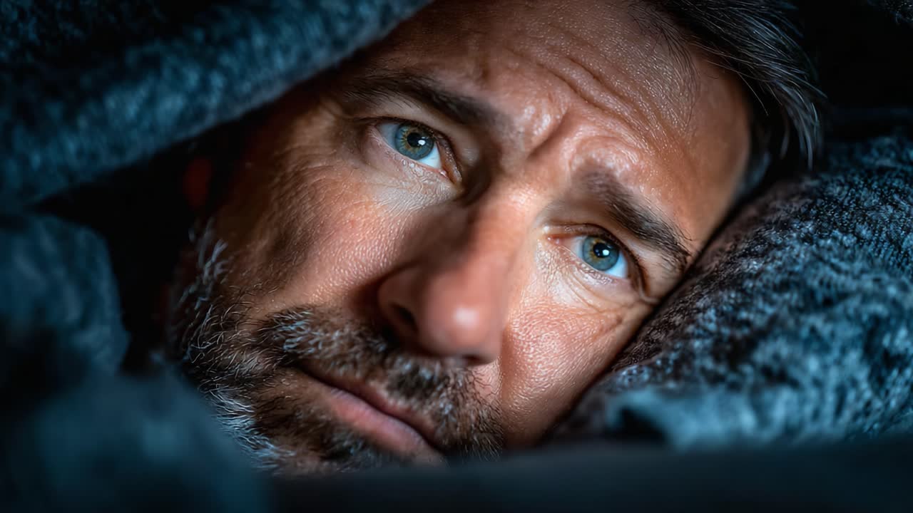 Ein Mann in Gedanken: Ausdrucksstarke Nahaufnahme, die tiefe Emotionen und Verletzlichkeit einfängt, eingehüllt in eine warme Decke, was die Komplexität der menschlichen Erfahrung widerspiegelt.