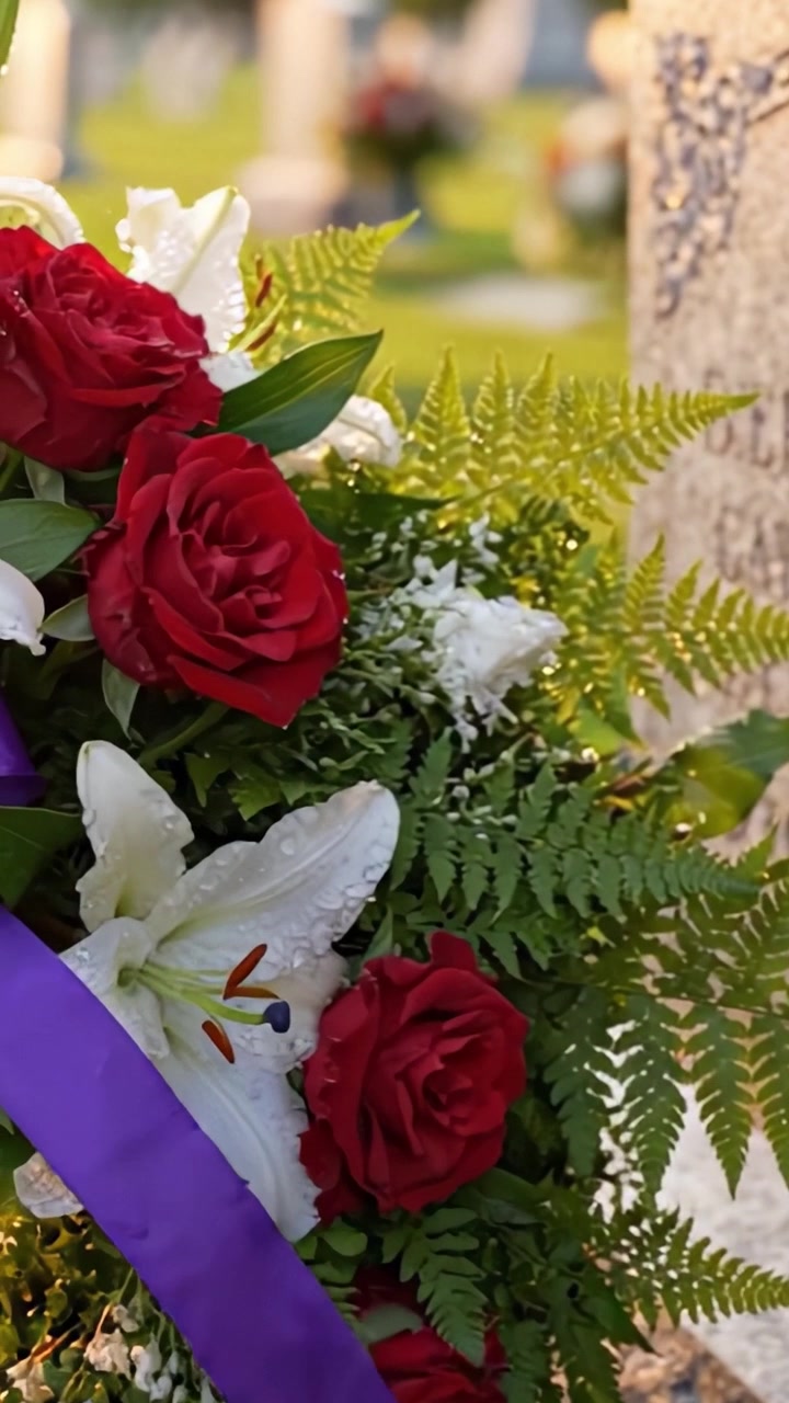 Una bellissima composizione floreale che adorna una lapide, che simboleggia ricordo e onore con vibranti rose rosse ed eleganti gigli bianchi in un sereno ambiente cimiteriale.