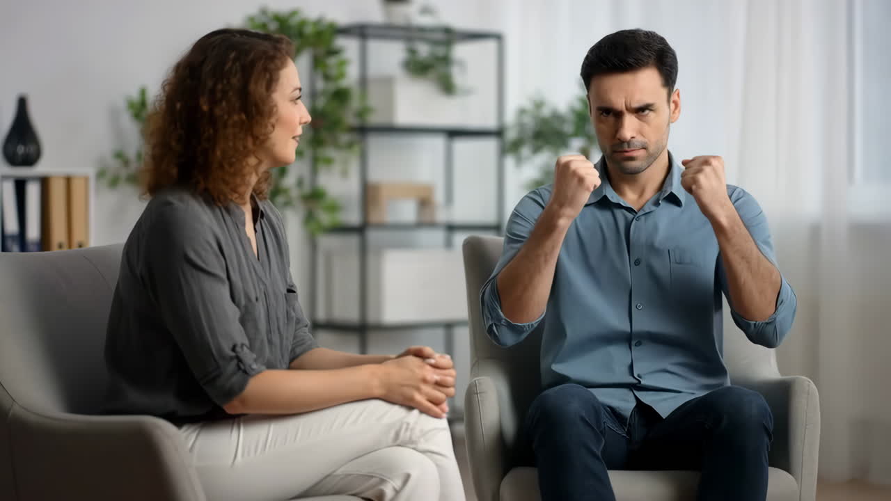 Therapy Session: Man Processing Emotions with Female Counselor