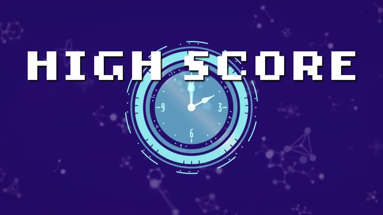 animación de un cartel de texto de alta puntuación sobre un reloj y estructuras moleculares en fondo azul
