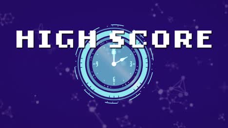 Animation-of-high-score-text-banner-over-ticking-clock-and-molecular-structures-on-blue-background
