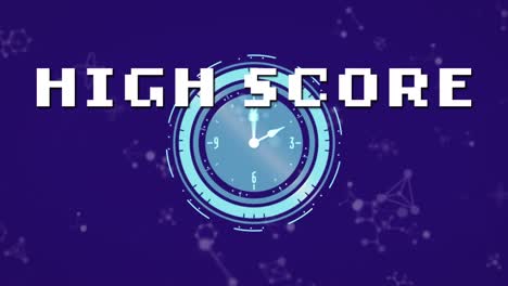 animation of high score text banner over ticking clock and molecular structures on blue background