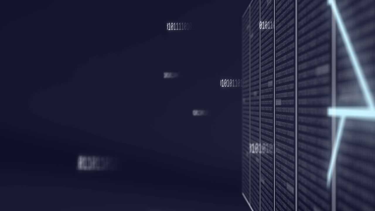 animación de números cambiantes y patrón de placa de circuito en bastidores de servidores de datos sobre fondo negro
