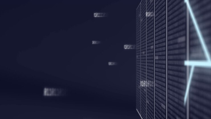 Animation of changing numbers and circuit board pattern on data server racks over black background