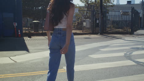 Unknown-lady-walking-across-road-closeup.-Stylish-longhair-woman-go-on-crosswalk