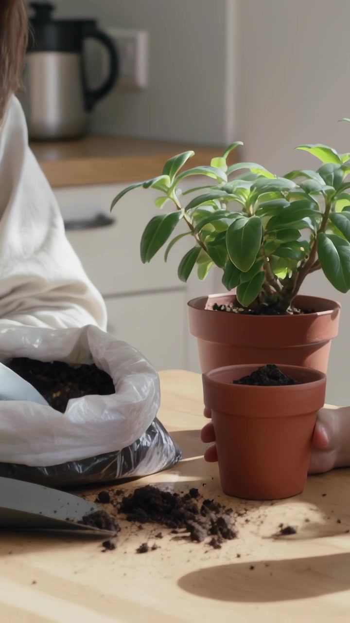 Video verticale: Donna con top chiaro che rinvasa una pianta sul tavolo della cucina, prelevando terra da un sacchetto aperto per un vaso di argilla.