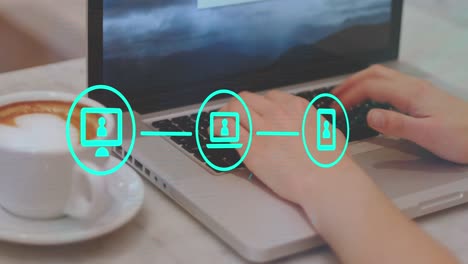 Animación-De-íconos-Conectados-Sobre-Café-Y-Manos-Recortadas-De-Un-Hombre-Caucásico-Trabajando-En-Una-Computadora-Portátil