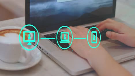 animación de iconos conectados sobre café y manos recortadas de un hombre caucásico trabajando en una computadora portátil