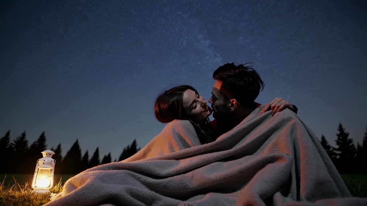 Romantická video scéna páru pod dekou, natočená z nízkého úhlu kamery na pozadí hvězdné noci