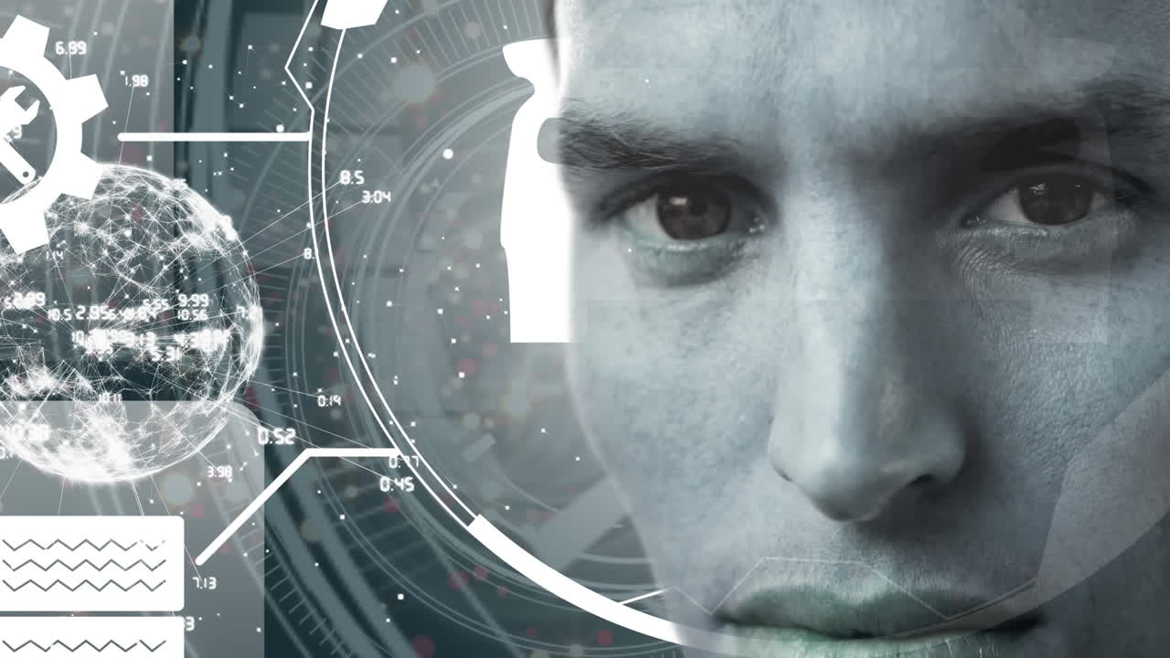 animación del globo con una red de conexiones sobre la cara del hombre