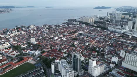 drone fly at coastal george town colorful capital of malaysian island of penang