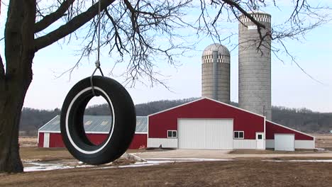 a tire swing hangs from a tree with farm buildings and twin silos in the background