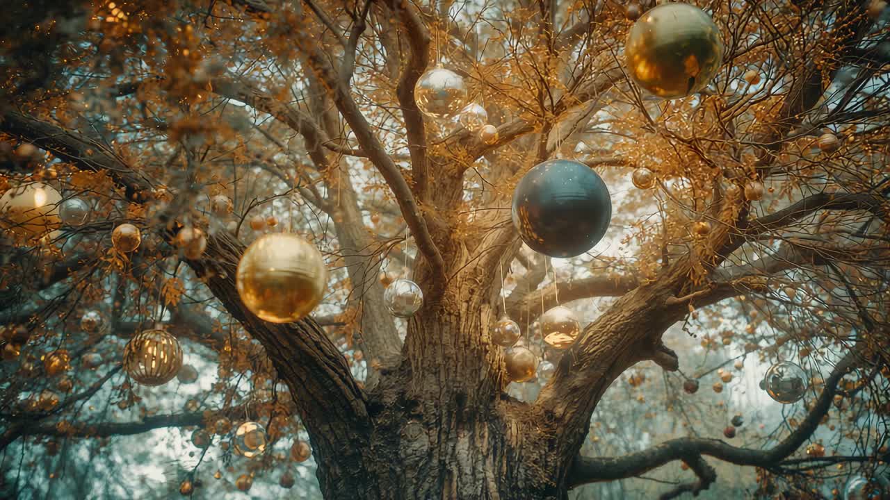 Breeze swaying gold silver spheres on trunk in grove, camera tilting upward revealing fall leaves