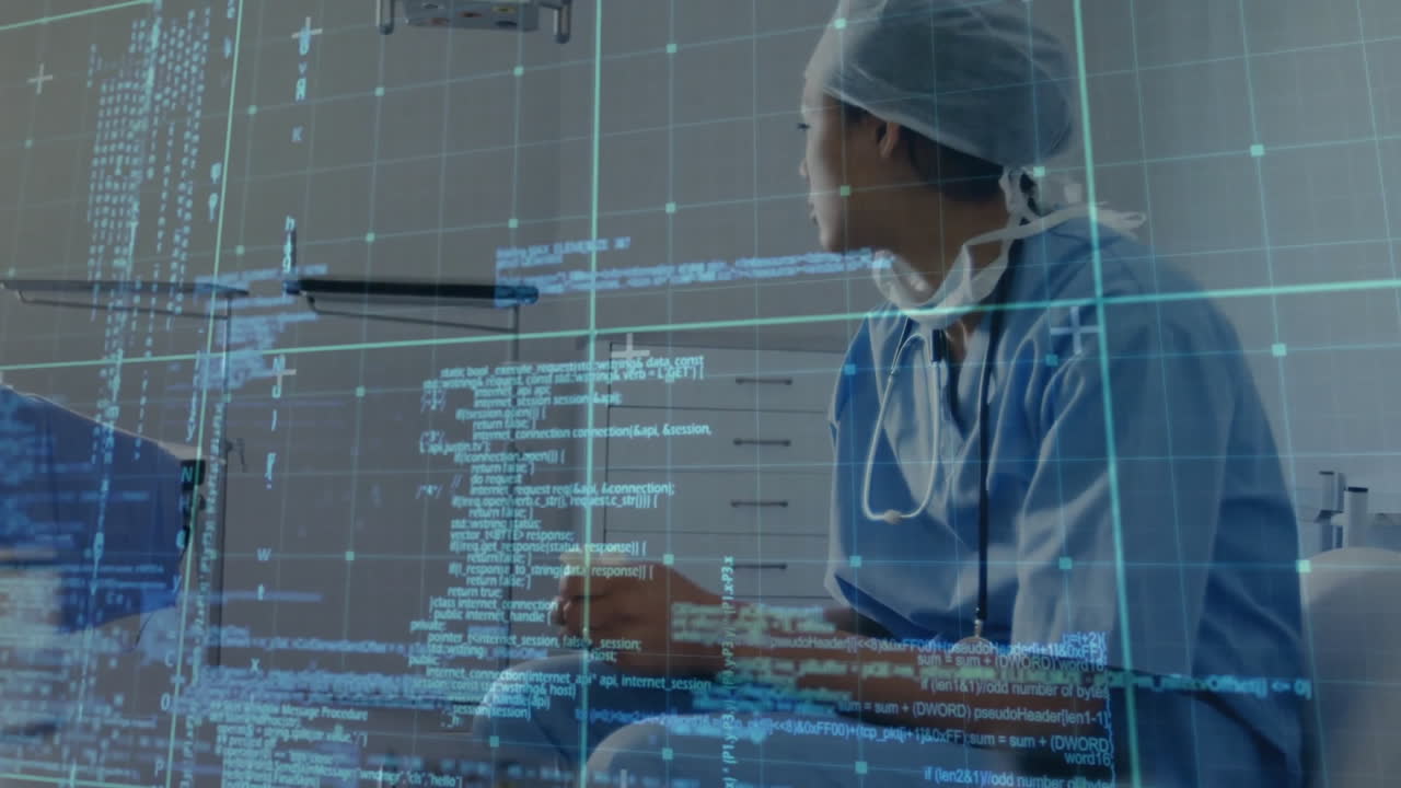 animación del procesamiento de datos sobre una cirujana angustiada en el hospital