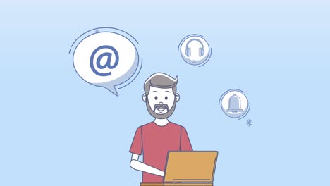 customer service worker with laptop and icons
