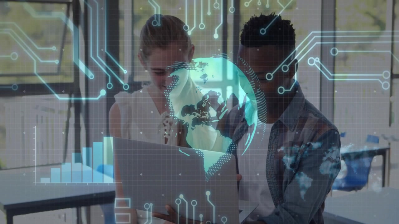 Student duo placing laptop and smiling, summoning rotating globe hologram with charts in classroom