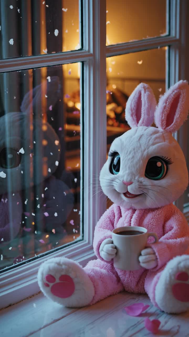 A cozy video scene with a plush bunny holding a mug, sitting by a window