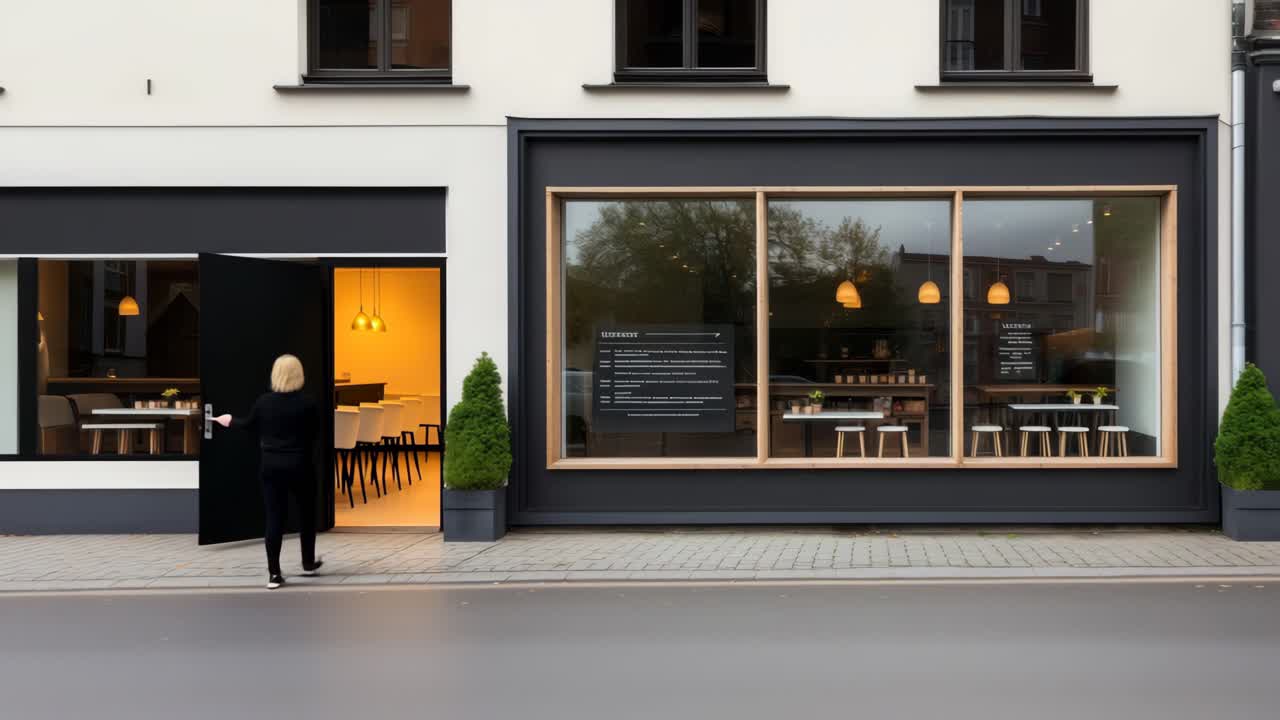 Ripresa video a livello strada dell'esterno di un caffè moderno con grandi finestre, che cattura un passante.