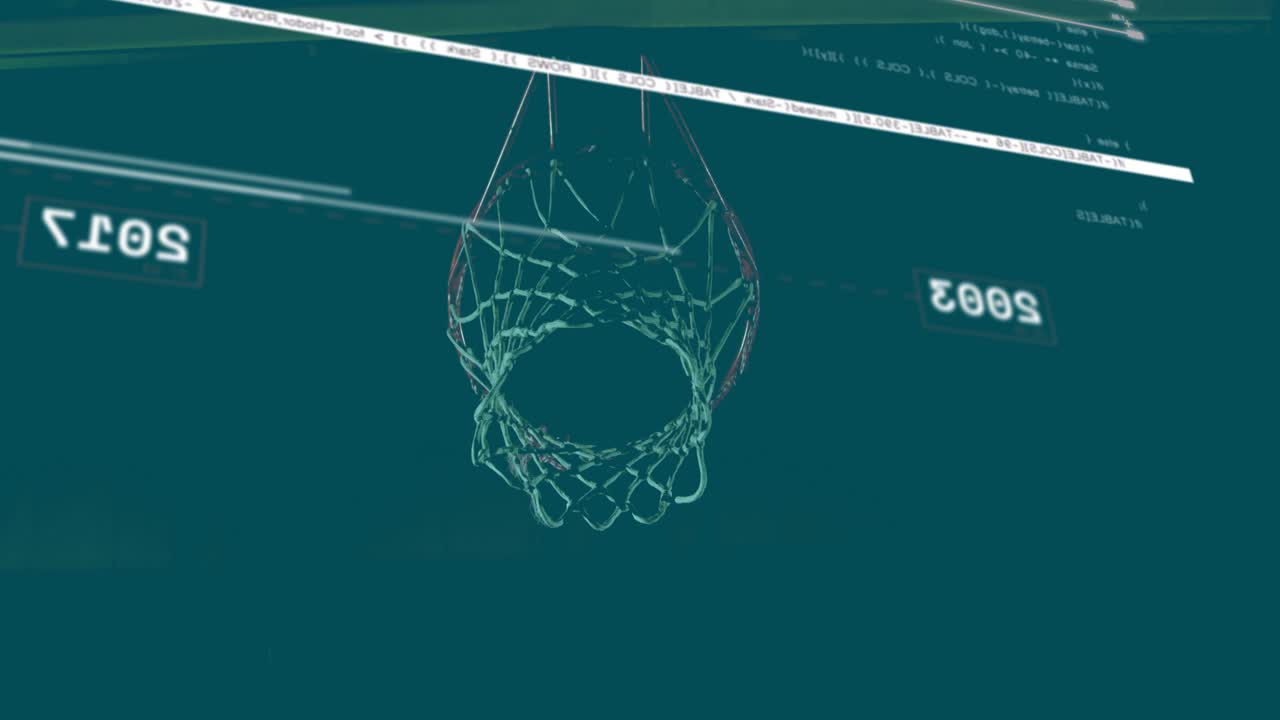Solid basketball entering from lower, wireframe rim and net deforming as HUD updating year metrics