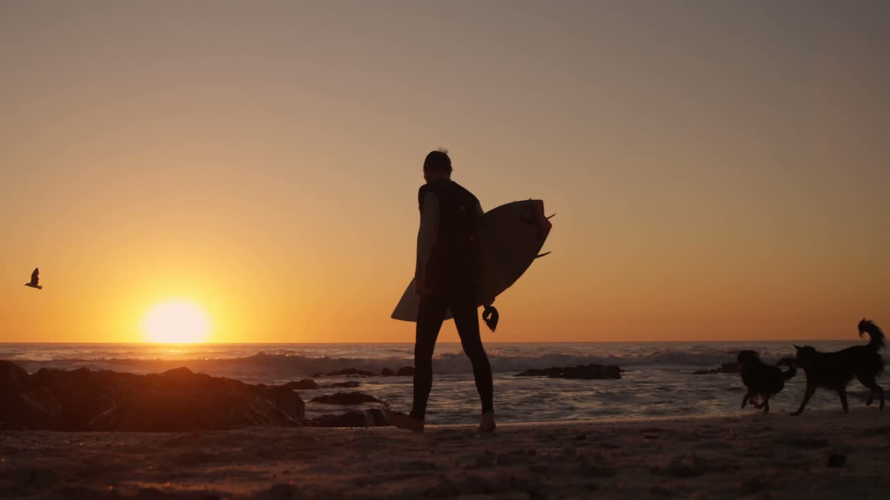 hombre caminando con tabla de surf en la playa 4k