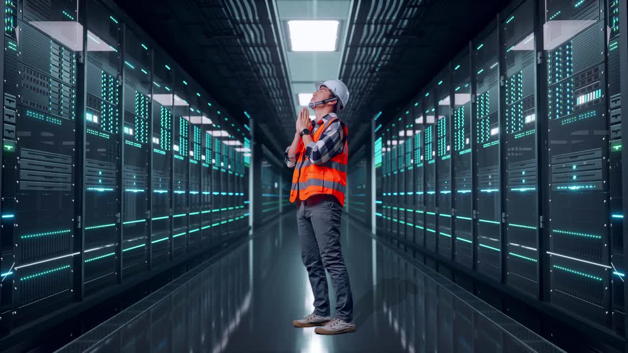 Full Body Side View Of Asian Male Engineer With Safety Helmet Pray For Something While Standing in Server Room Data Center