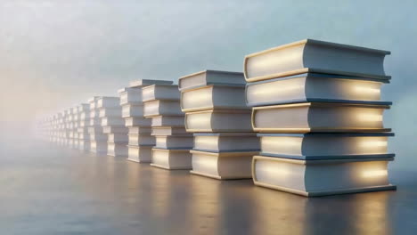 rows of stacked books receding into the distance