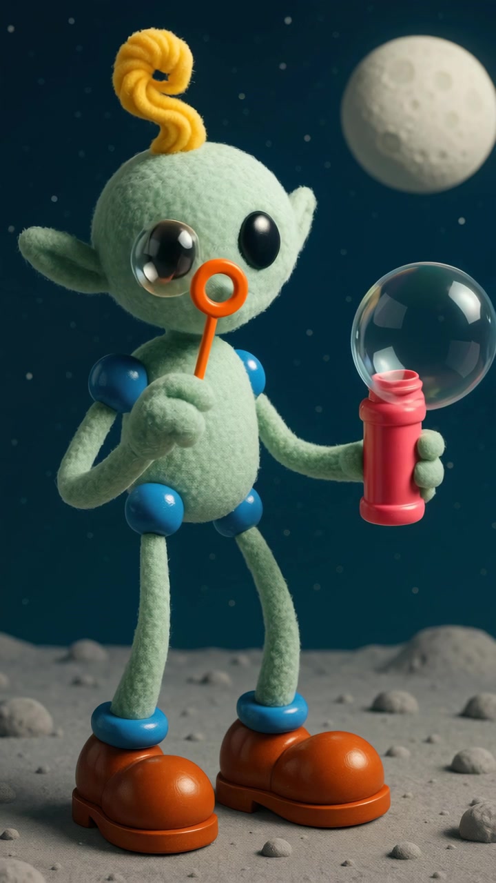 Simpatico personaggio alieno che soffia bolle sulla superficie lunare