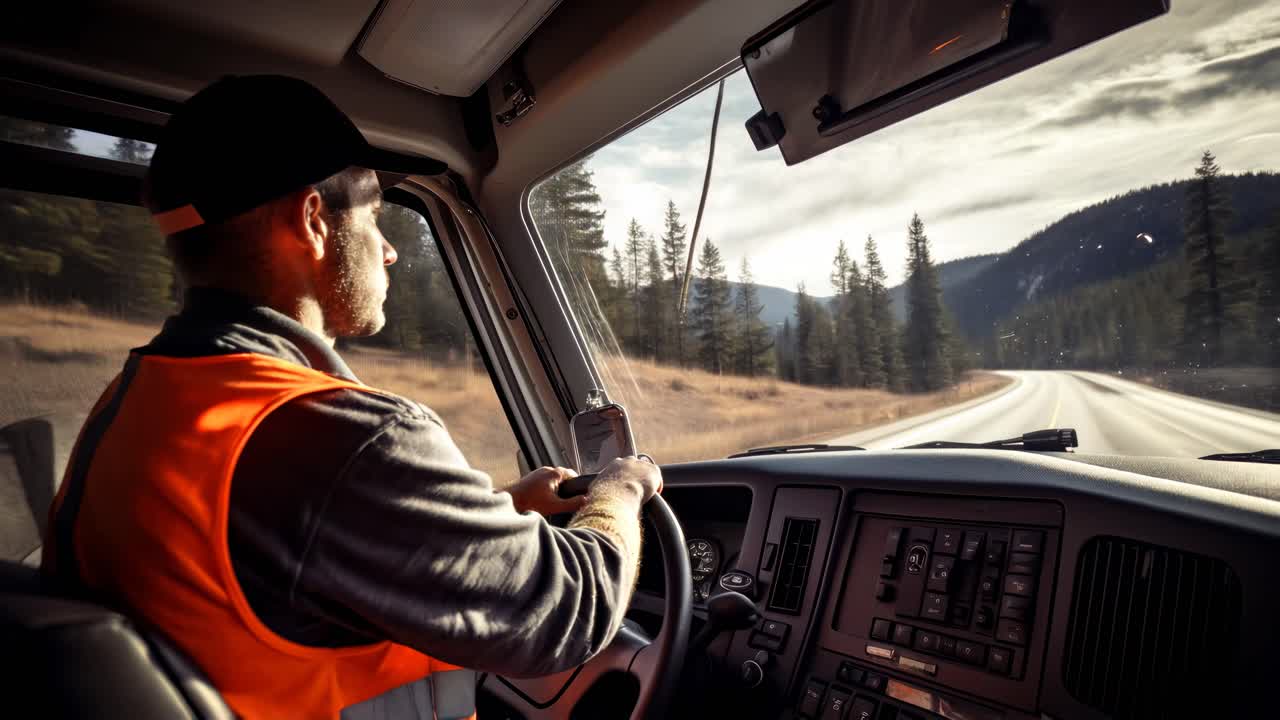 POV video style showing a truck driver in an orange vest navigating a scenic highway