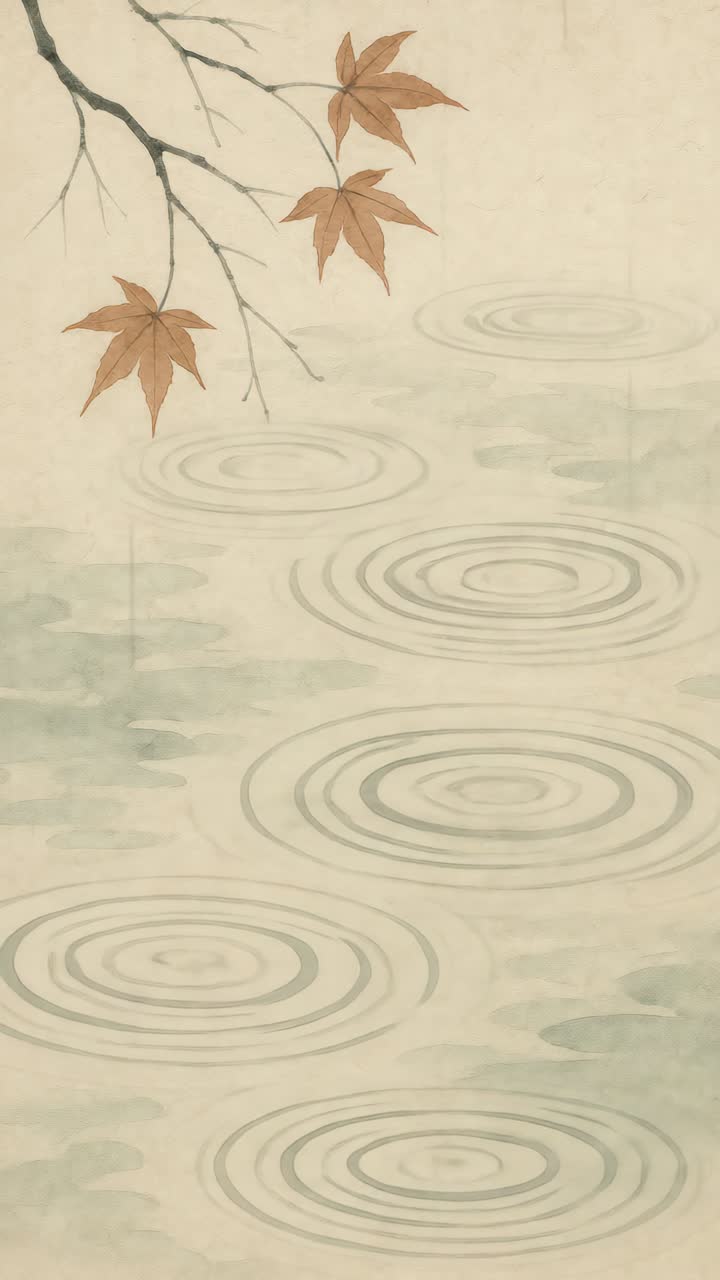 Top-down view of serene ripples in water with autumn leaves, in a watercolor style