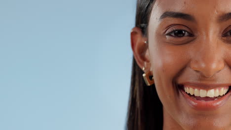 Happy,-half-face-and-woman-in-a-studio-with-mockup