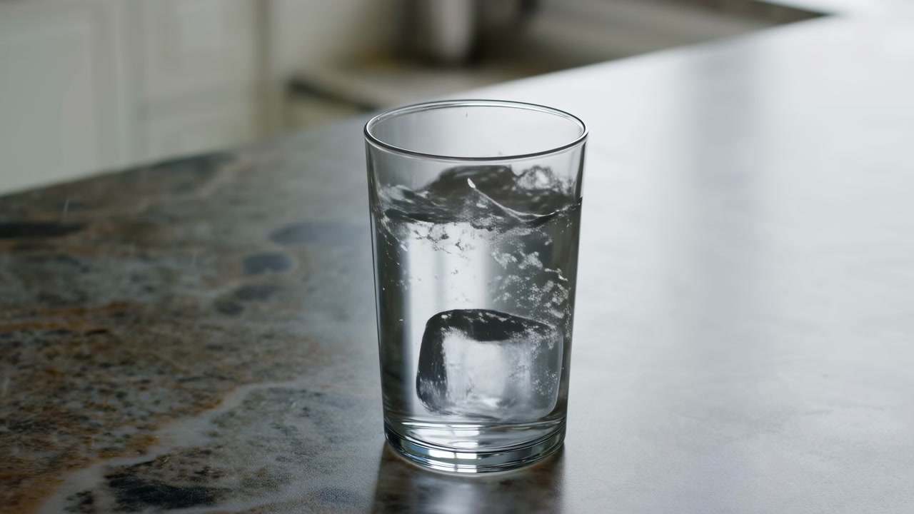 Un bicchiere cilindrico trasparente su un piano di lavoro in marmo screziato riceve un cubo metallico riflettente che cade nell'acqua, creando una corona di schizzi, goccioline sospese, bolle, increspature, getti e un movimento vorticoso del liquido.