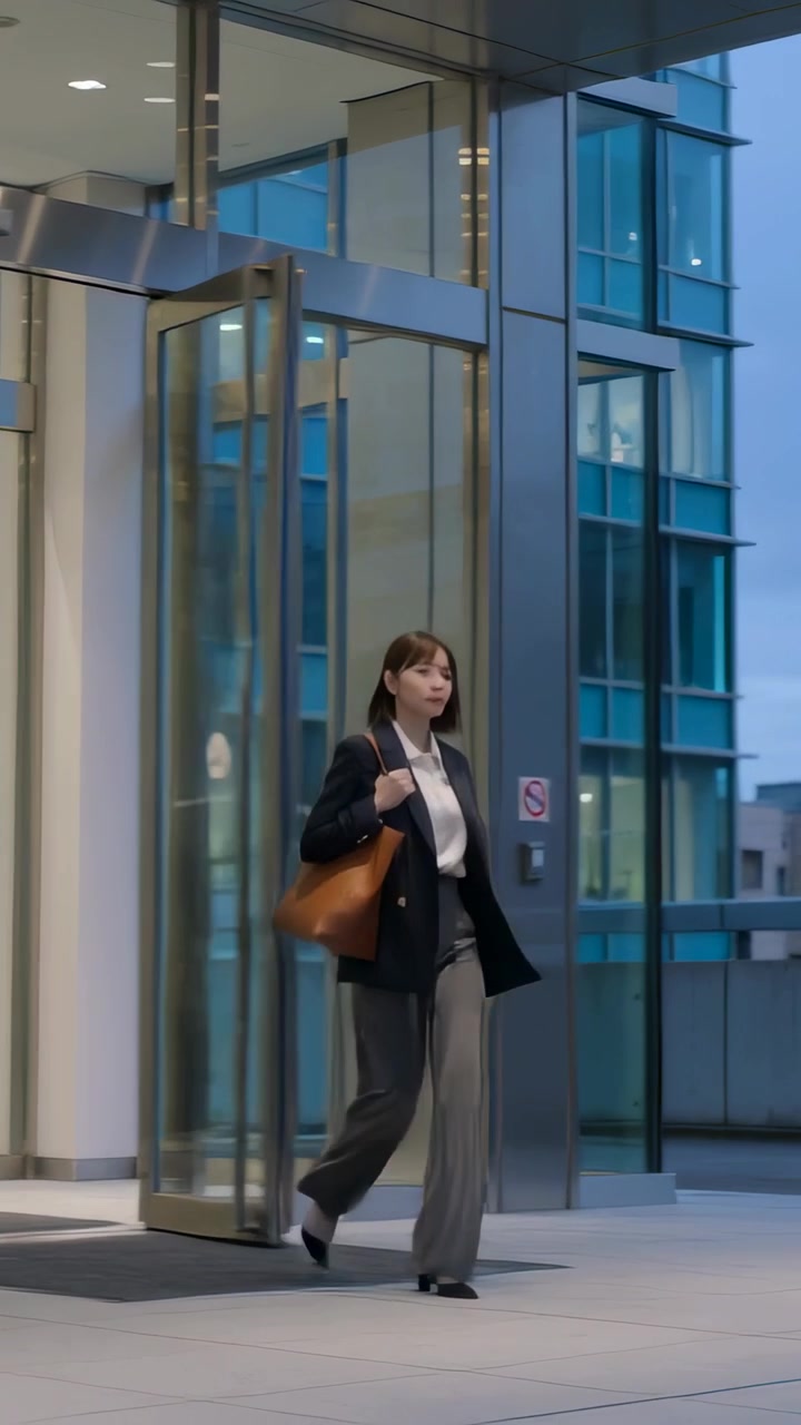 Vídeo vertical: Mulher de terno empurrando porta giratória, indo para o terraço com uma sacola marrom depois do trabalho.