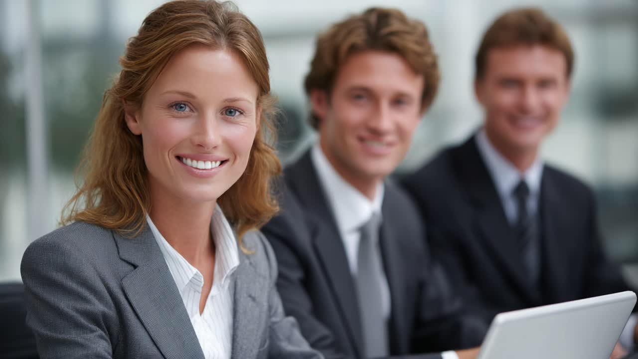 A Confident Businesswoman Leading a Professional Team Discussion in a Modern Office Environment with Focused Colleagues