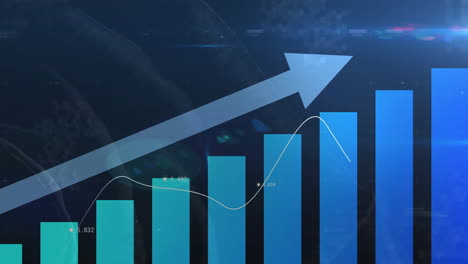 gráfico de barras ascendente con flecha hacia arriba y animación de puntos de datos