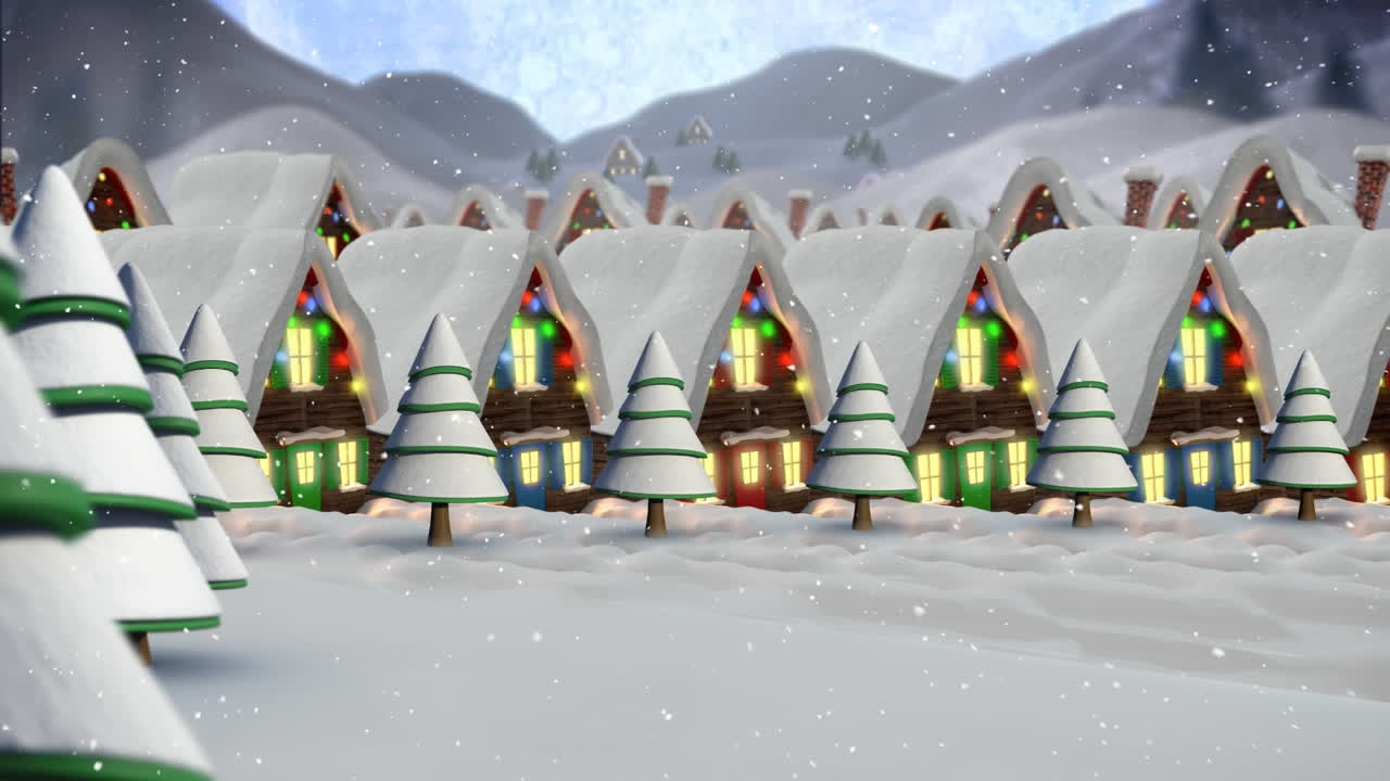 크리스마스 요정 빛과 달로 장식 된 눈으로  ⁇ 인 집 위에 내리는 눈의 애니메이션