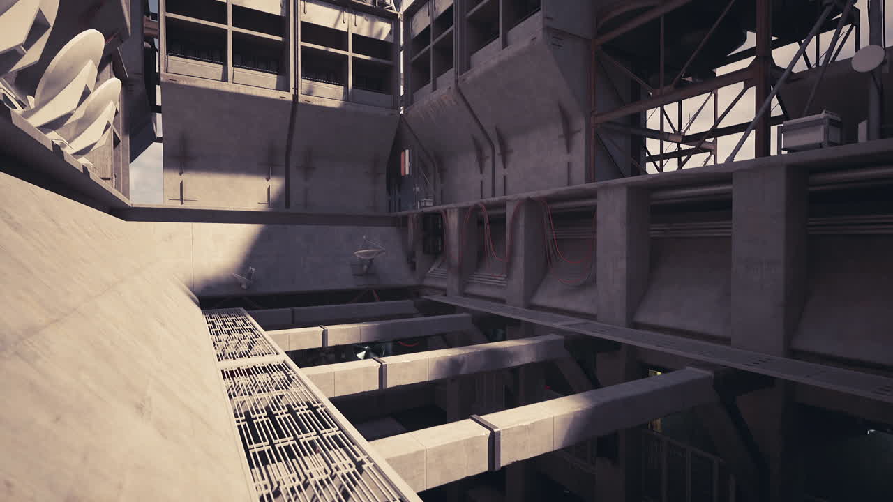 Explorando un amplio espacio industrial con detalles estructurales y maquinaria