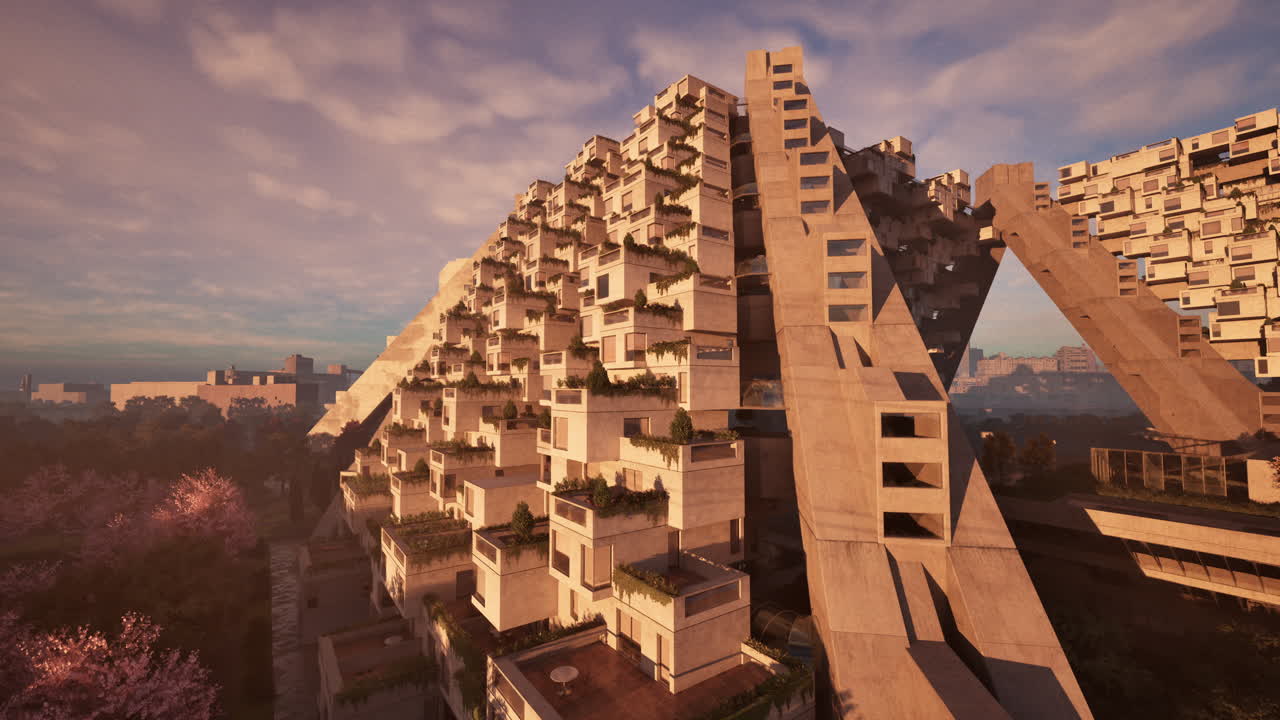 미래의 피라미드 아파트 건물: 지속 가능한 도시 풍경