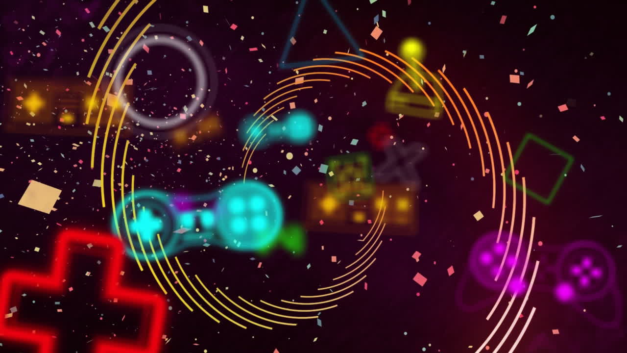 animazione di icone di videogiochi sullo sfondo a pattern al neon