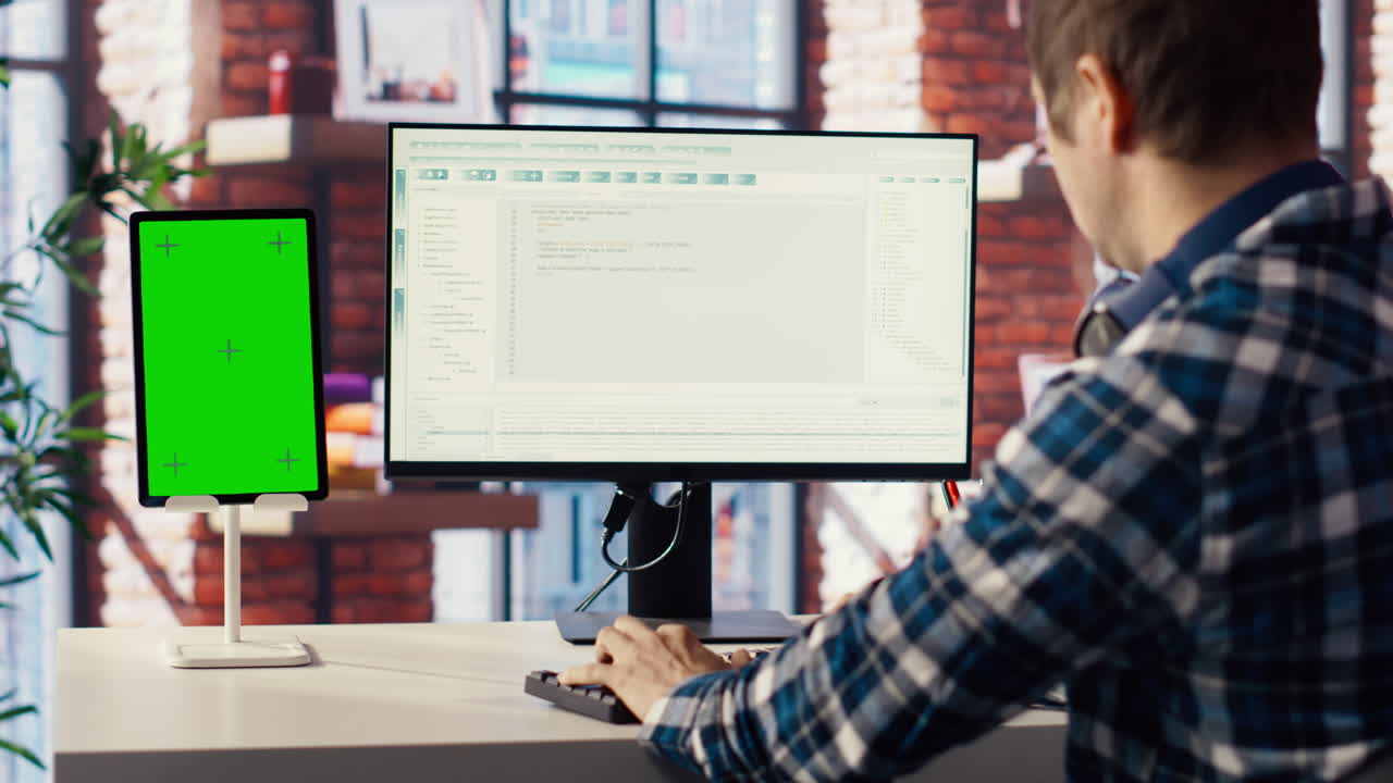 ingeniero de software en codificación de pc, creando software utilizando una tableta de pantalla aislada