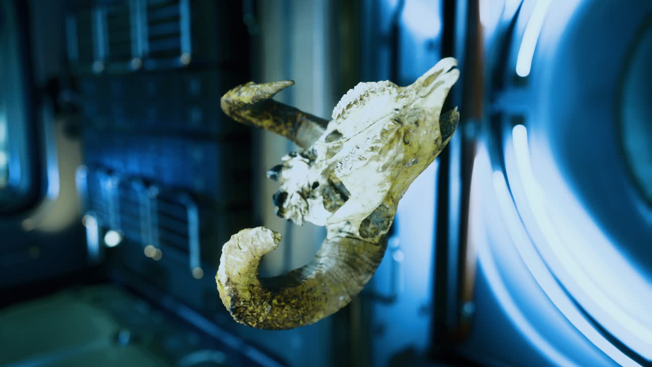 Mesmerizing ram skull suspended in an illuminated space evoking mystery