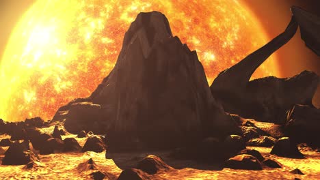 alien planet landscape with a giant sun