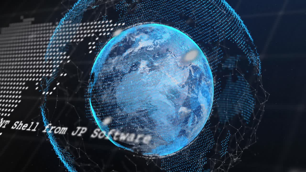 Animation of map and computer language over connected dots around globe against abstract background