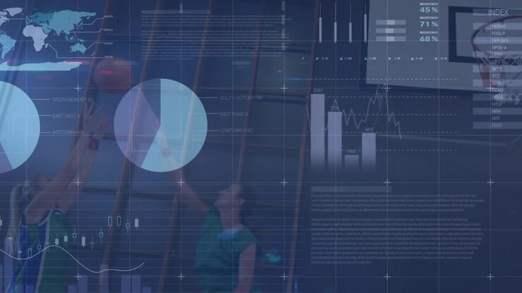 Vertical video: Sports players gathering ball shooting at hoop while HUD charts animating, tracking