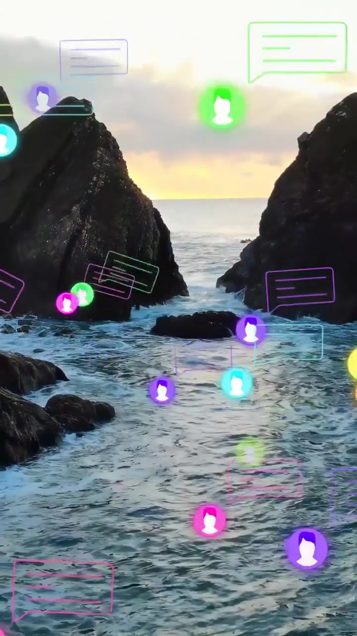 Vertical video: Camera pulling back avatar badges and chat bubbles drifting to reveal rocky horizon