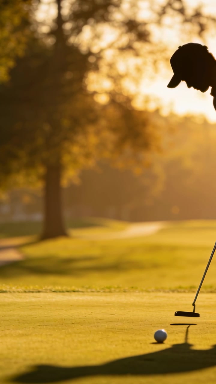 Verticale video: Golfer in pet en shirt lijnt uit, kijkt naar lijn met putter en bal op de green, met tekstruimte