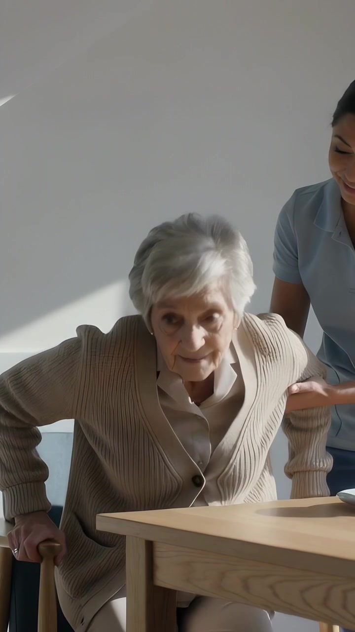Video verticale: Appoggiando la mano, assistente in uniforme blu che aiuta un anziano ad alzarsi dal tavolo con il bastone.