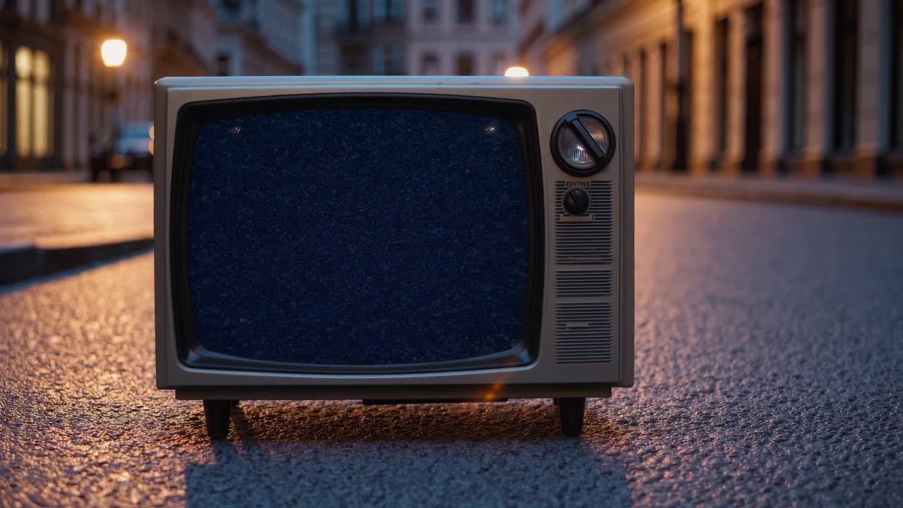 Vintage television set positioned on an empty street at dusk, surrounded by soft lighting and urban architecture, creating a nostalgic and serene atmosphere